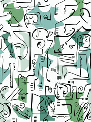 Abstract drawing of women's faces with black lines on a colored background.Seamless pattern.