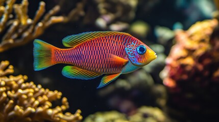 Obraz premium Vibrant fish in aquarium. Colorful, tropical fish, side view, coral reef backdrop