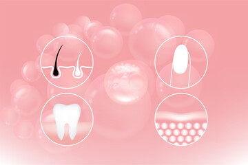 Hyaluronic acid hair teeth, nails, skin solutions ad, pink collagen serum drop with cosmetic advertising background ready to use, illustration vector.		