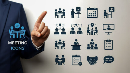 A professional icon set collection of meeting and collaboration symbols in a dark blue and light blue color scheme.