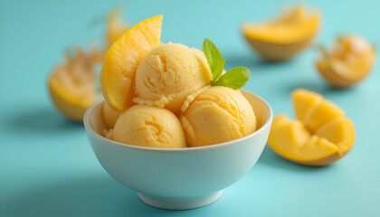 3D model of mango ice cream scoop with mango slice and mint leaf garnish, placed in ceramic bowl, summer dessert concept