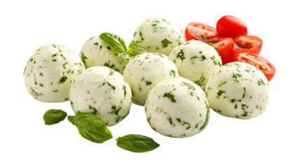 Fresh cheese balls with basil and tomatoes on a black background, culinary concept