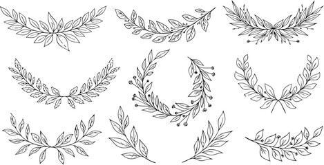 Elegant hand drawn floral elements featuring leafy branches and wreaths for design and decoration