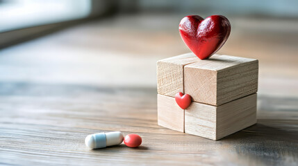 Red heart on wooden blocks with pills on wooden surface
