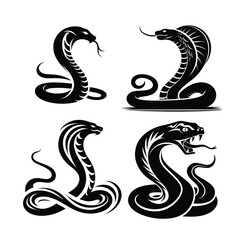 Collection of stylized cobra snake illustrations in black and white