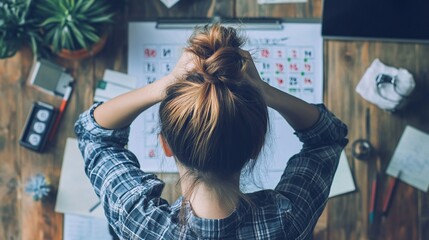 Frustrated woman with a planner looking stressed while working from home