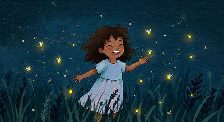A happy girl reaching out to glowing fireflies at night. Watercolor style