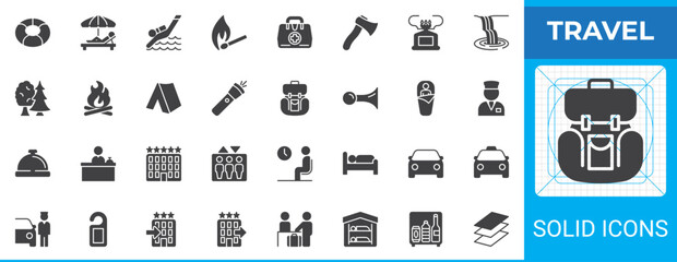 Travel solid glyph icon set pack