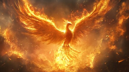 The Majestic Phoenix Rising in Fiery Glory with Wings Spread Wide Against Dark Sky