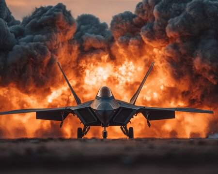 F 22 raptor in flames and smoke