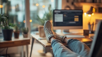 Relaxed feet up on the desk during break time in a cozy home office setting