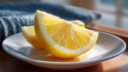 Sliced Lemons on a White Plate with Blue Background