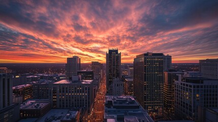 Fototapeta premium Towering skyscrapers in a bustling metropolis at sunrise.