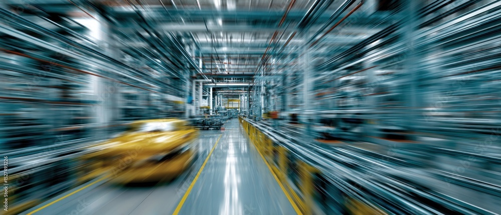 Poster fast moving assembly line in a modern factory