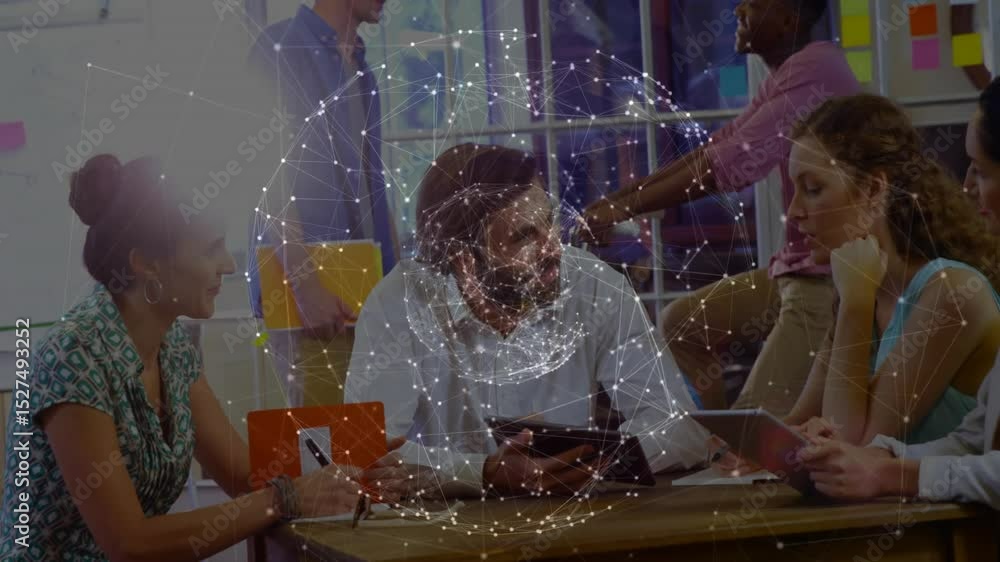 Poster Business team tapping tablet screens, network globe fading in to visualize project data