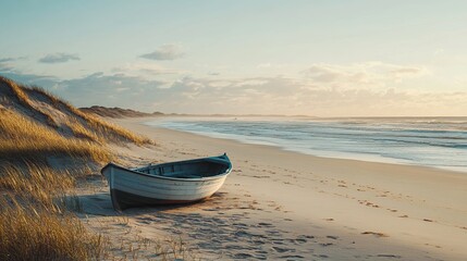 Remote beach with sand dunes and a solitary boat.