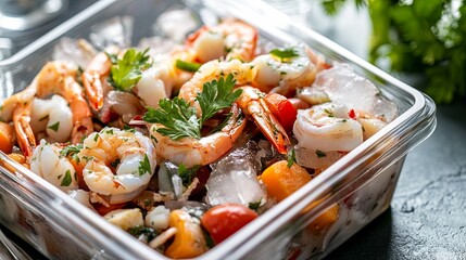 Marinated seafood mix in deli-style container with ice beneath.