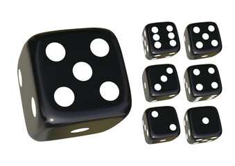 Black photorealistic 3d cube for games. Dice icon in flight closeup isolated on white background. Vector illustration.