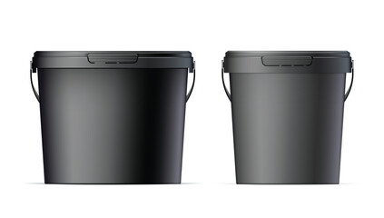 Black plastic set bucket with Black lid. Product Packaging For food, foodstuff or paints, adhesives, sealants, primers, putty. MockUp Template For Your Design. Vector illustration.