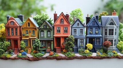 Charming Row of Colorful Victorian Houses Miniature Model Displaying Architectural Details and Landscaping