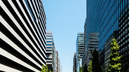Modern urban skyline with tall buildings featuring distinct architectural styles, including a striped pattern structure and a dark glass-clad edifice reflecting the blue sky and surroundings, interspe