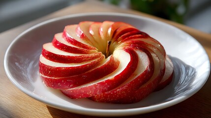 Sliced Apple Arranged in a Spiral on a White Plate