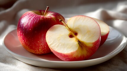 Fresh Red Apples with One Sliced in Half on a White Plate