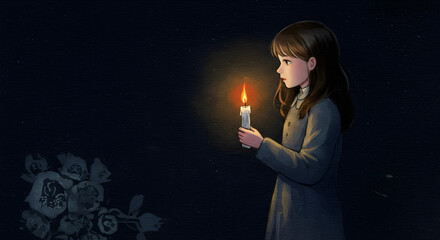 A sad girl holding a candle in a dark night. Water olor ste