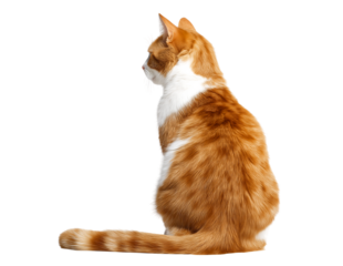 Cute orange and white cat sitting, cat photo from behind isolated on transparent background