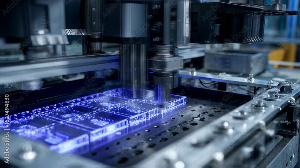 Poster modern factory equipment processes transparent circuit boards, utilizing advanced technology and pre