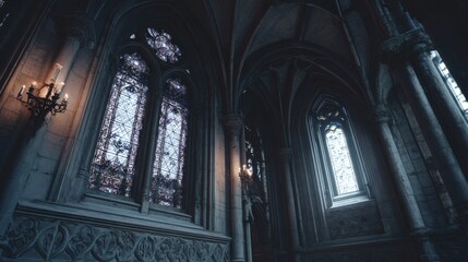 Fototapeta premium Church Interior with Stained Glass Window and Candle