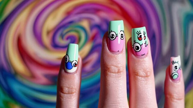 Vibrant nail art with rainbow spiral background showcasing colorful manicure designs.