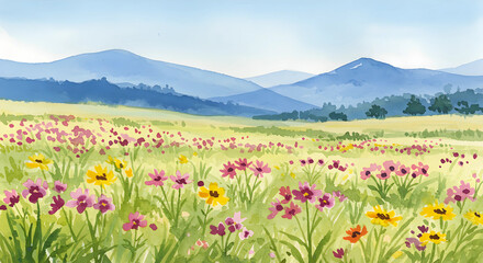 an illustration of the landscape of a flower field. watercolor style on canvas