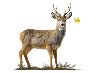 Fototapeta premium roe deer with a butterfly perched on its head isolated on transparent background