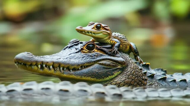 Young alligator hatchling perched on adult alligator's snout in swamp water, showing unique parental behavior in reptilian wildlife.
