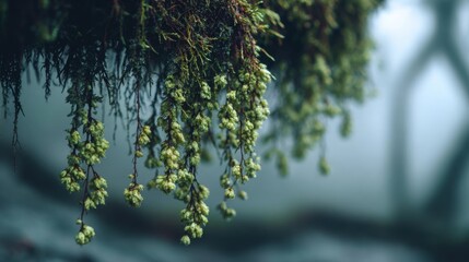 Vibrant Green Moss with Hanging Spore Capsules in a Misty Forest