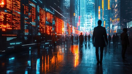 A futuristic trading floor with glowing AI-driven financial predictions