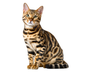 Cute and adorable Bengal cat sitting in beautiful striped colors, isolated on transparent background