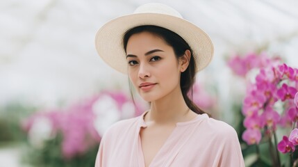 Model poses gracefully among blooming orchids in a greenhouse during daylight.