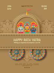 Happy Rath Yatra holiday poster in paper cut style. Lord Jagannath, Balabhadra and Subhdra. Indian religious festival celebration