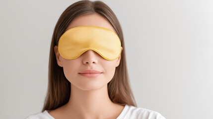Relaxing woman wearing a yellow sleep mask with long hair standing indoors, promoting rest and wellness.