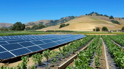 Aerial shot of a sugarcane farm with solar panels, a large water tank, and well-maintained irrigation systems