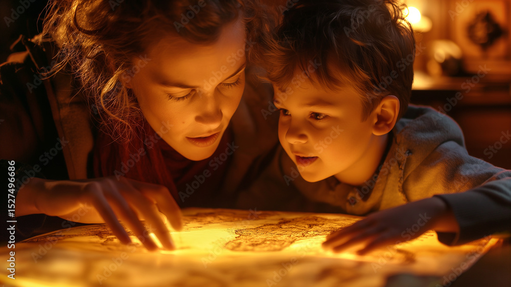 Poster This parent and child focus intently on a glowing map, sharing a moment of wonder and learning.