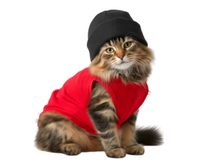 A cat wearing a red tank top and a black hat isolated on transparent background
