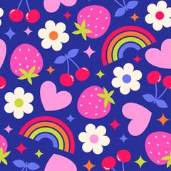 Cute berry fruit, flower, rainbow, heart and star seamless pattern design for spring season background.