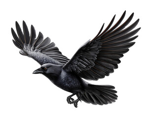 Obraz premium Flying crow, photo of a crow flying with open wings isolated on transparent background