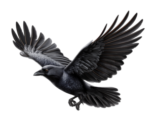Flying crow, photo of a crow flying with open wings isolated on transparent background