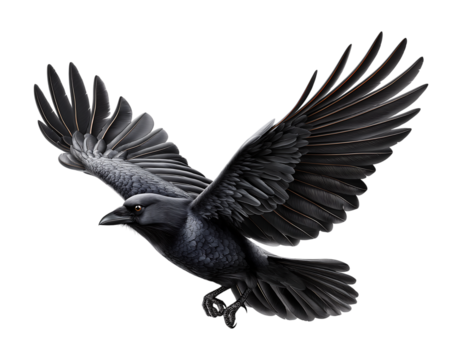 Flying crow, photo of a crow flying with open wings isolated on transparent background