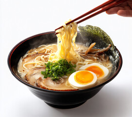 Japanese ramen, tonkotsu ramen, a pair of chopsticks picking up the ramen