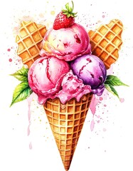 Ice cream in a waffle horn. Watercolor Illustration.